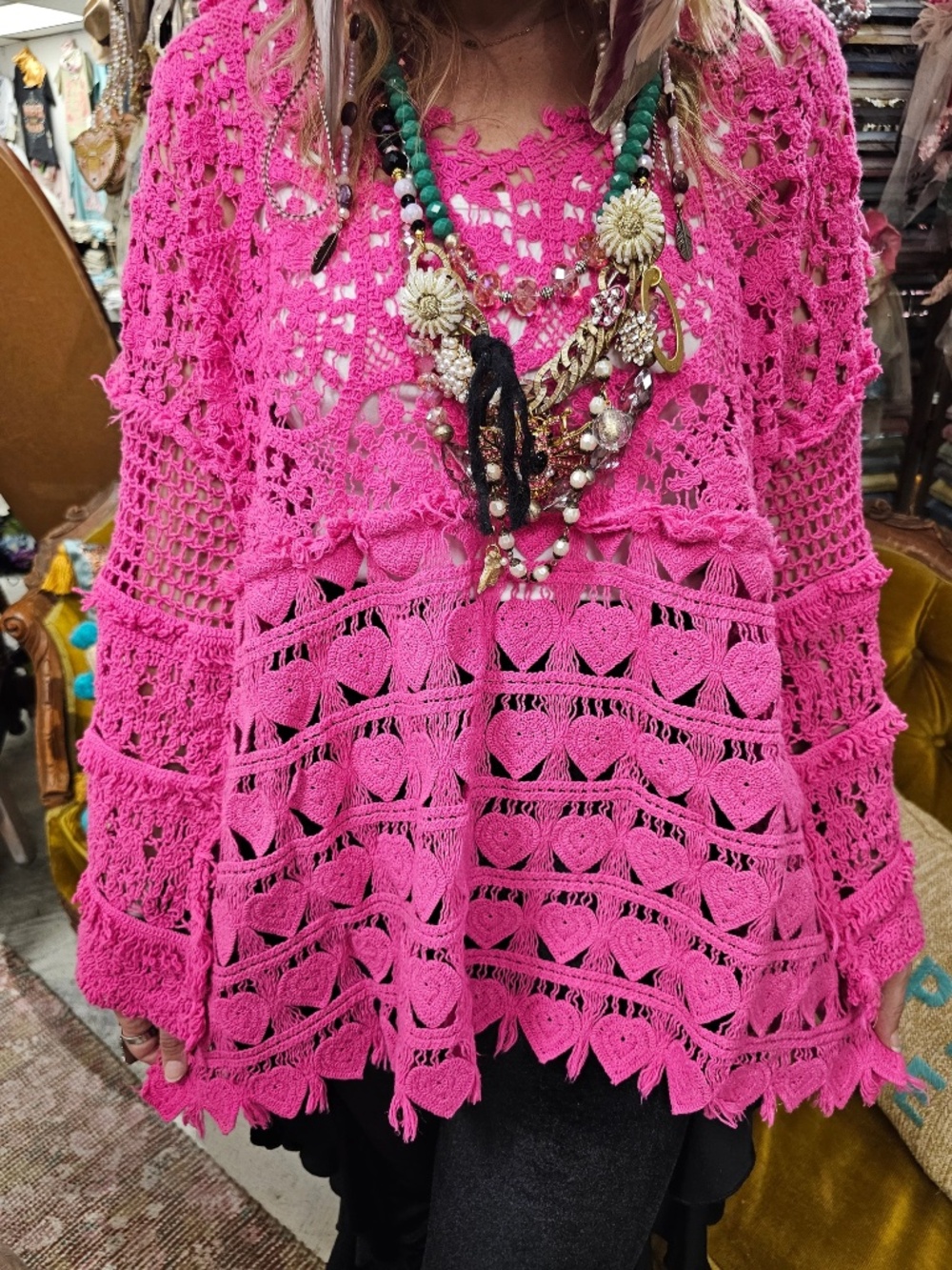 062 A Rare Bird Hot Pink Heart Crochet Semi Sheer Long sleeve Shirt